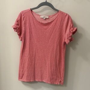 LOFT Red and White Striped Ruffle Sleeve Tee